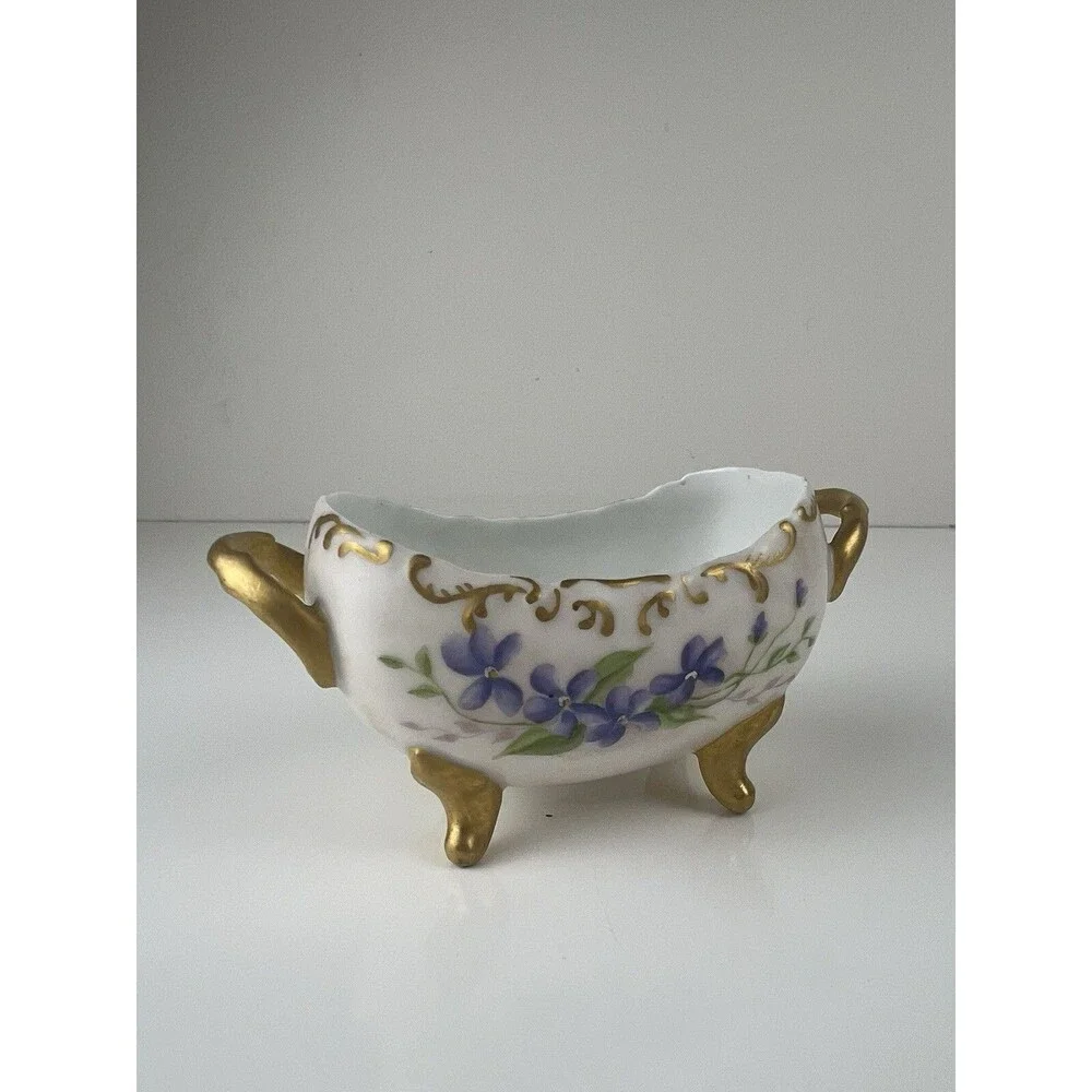 Vintage Porcelain Sugar Bowl Purple Flowers White China Handpainted Marked HW 96